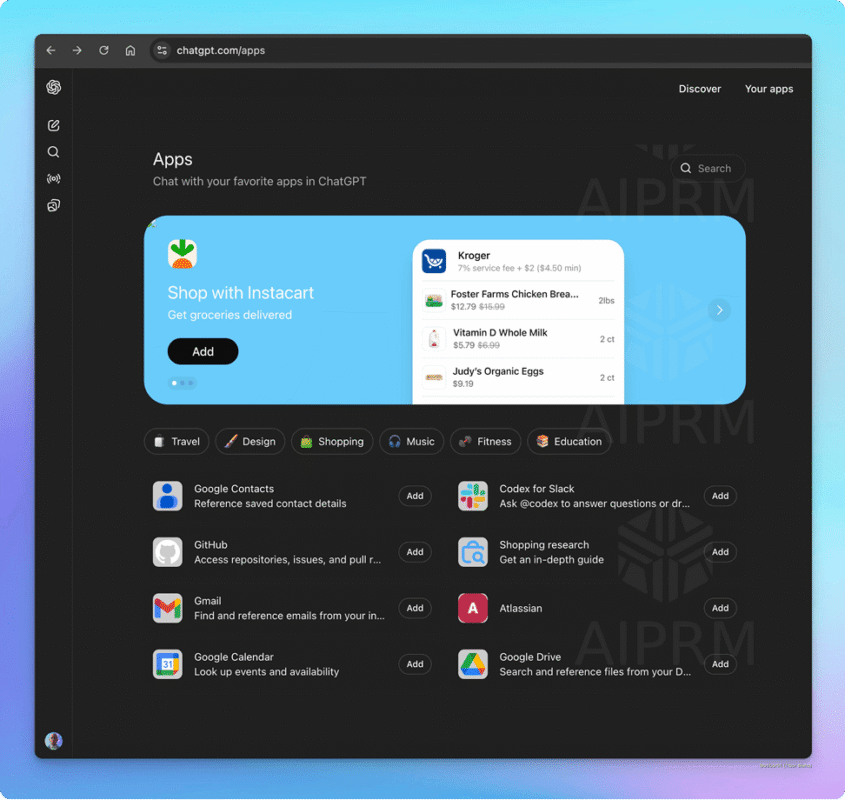 Eine Illustration, die die Liste der Apps zeigt, die direkt in ChatGPT integriert werden können, darunter Gmail, Google Kalender, Atlassian und andere.